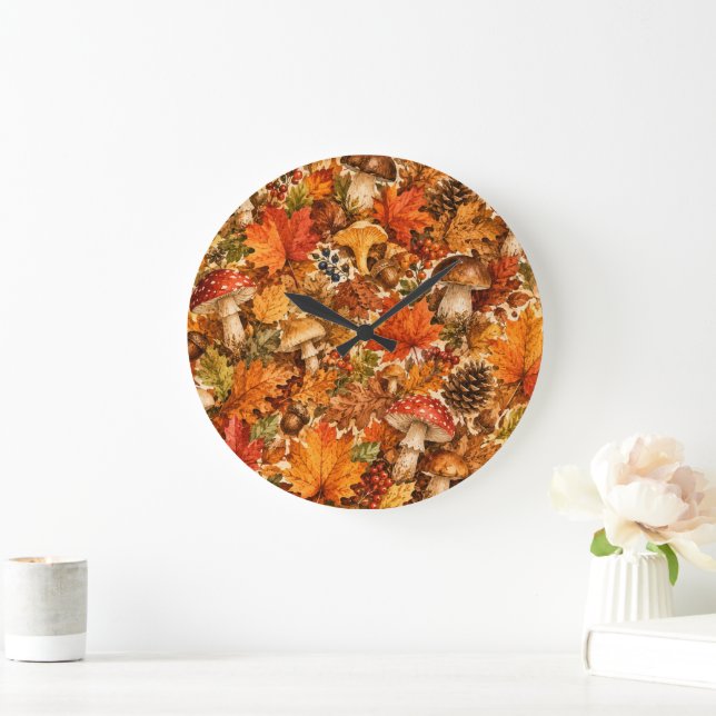 Autumn Forest Mushroom Pattern | Cosy Fall Leaves Large Clock (Home)