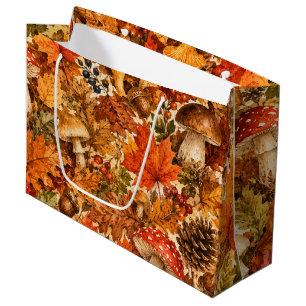 Autumn Forest Mushroom Pattern Cosy Fall Leaves Large Gift Bag
