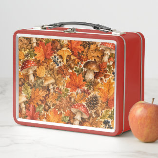 Autumn Forest Mushroom Pattern | Cosy Fall Leaves Metal Lunch Box
