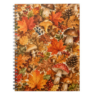 Autumn Forest Mushroom Pattern   Cosy Fall Leaves Notebook