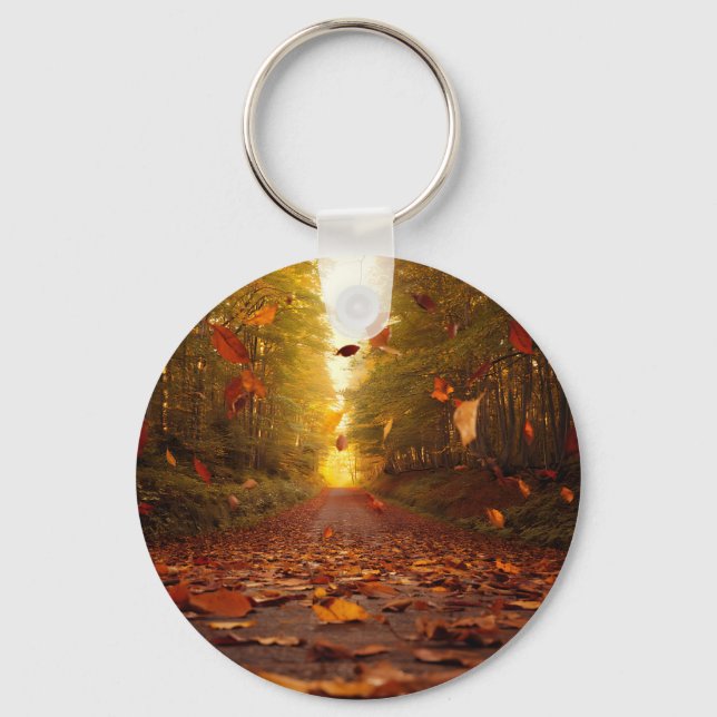 Autumn Forest Path Falling Leaves Key Ring (Front)