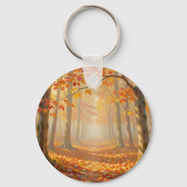 Autumn Forest Path Painterly Landscape Art Key Ring (Front)