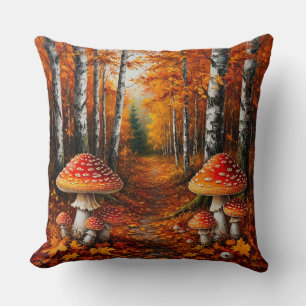 Autumn Forest Path Surrounded by Birch Trees Cushion