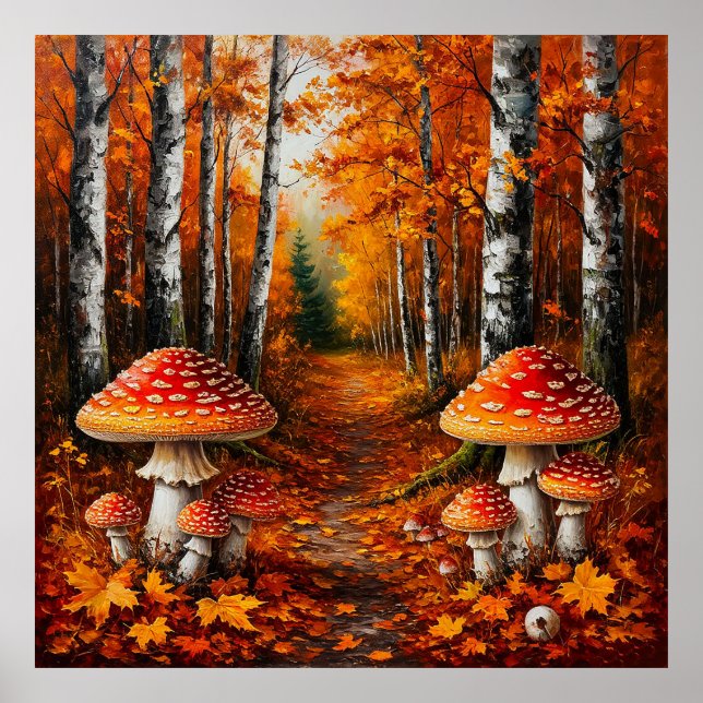 Autumn Forest Path Surrounded by Birch Trees Poster (Front)