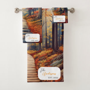 Autumn Forest Path with Name & Year Bath Towel Set