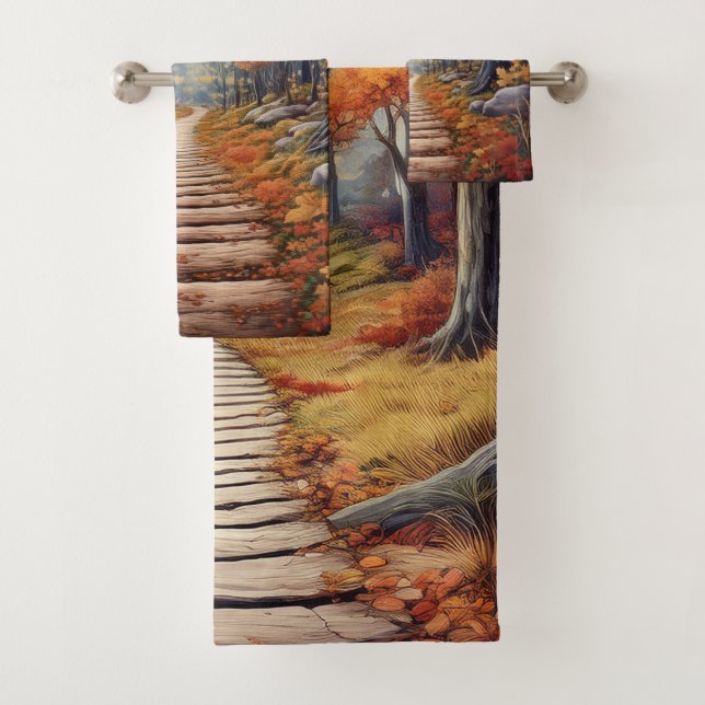 Autumn Forest Path with Vibrant Fall Foliage Bath Towel Set (Insitu)