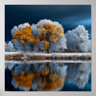🍂 Autumn Forest Snowy Lake Winter Transition  Poster