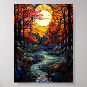 Autumn Forest Stained Glass with Mountain Stream Poster