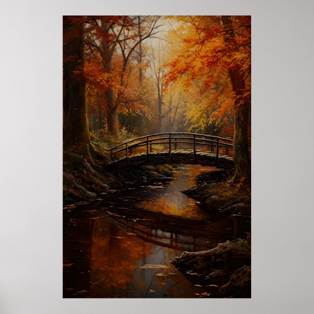 Autumn Forest Stream Bridge Art Print Dark (Front)