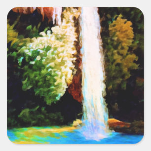 Autumn Forest Waterfall Landscape Art Square Sticker