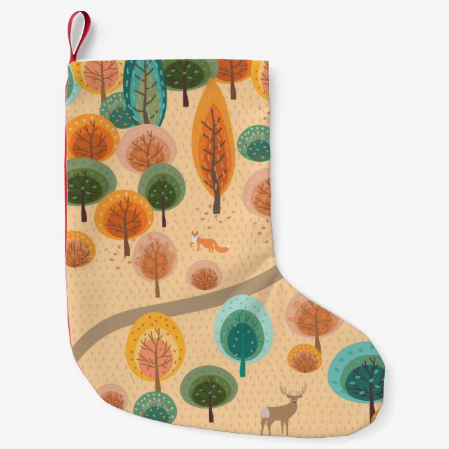 Autumn forest with abstract flat handdrawn trees a small christmas stocking (Front)