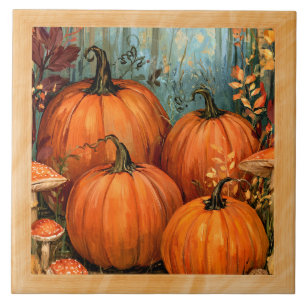 Autumn Forest with pumpkins and musrooms, framed,  Tile