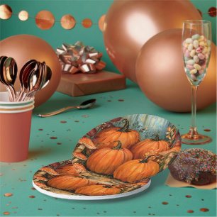 Autumn Forest with pumpkins and musrooms, Paper Plate