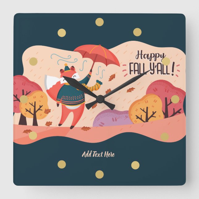 Autumn FOX Happy Fall Ya'll Personalised DECOR Square Wall Clock (Front)