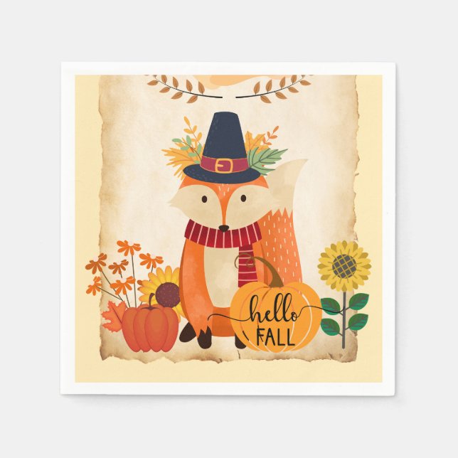 Autumn Fox Hello Fall Sunflowers Pumpkins  Napkin (Front)