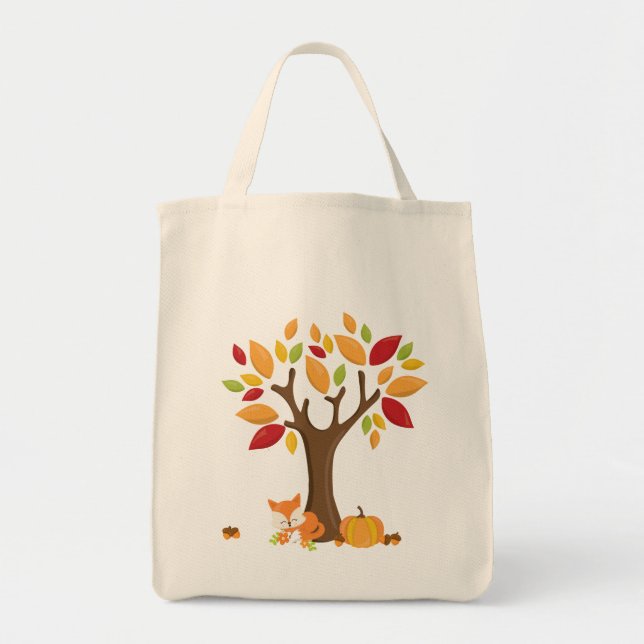Autumn Fox underneath Fall Tree Leaves Pumpkin Tote Bag (Front)