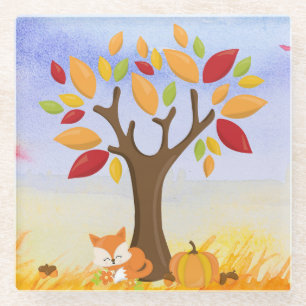 Autumn Fox with Pumpkin Glass Coaster