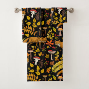 Autumn foxes on black bath towel set