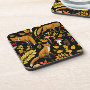 Autumn foxes on black coaster