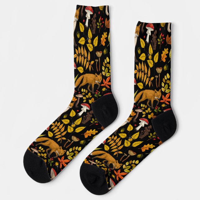 Autumn foxes on black socks (Left)