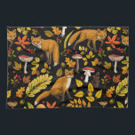 Autumn foxes on black tea towel<br><div class="desc">Hand-painted autumn woodland fauna and flora- foxes,  forest leaves,  mushrooms and berries</div>