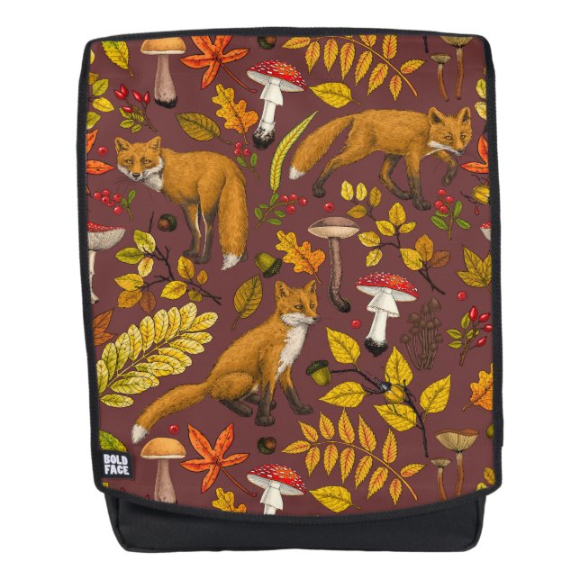 Autumn foxes on chocolate brown backpack (Front)