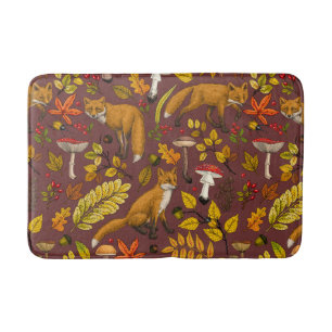Autumn foxes on chocolate brown bath mat