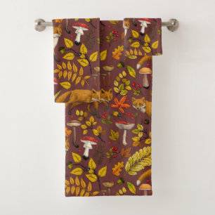 Autumn foxes on chocolate brown bath towel set