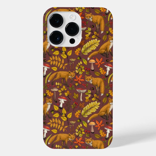 Autumn foxes on chocolate brown iPhone case (Back)
