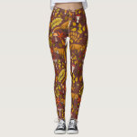 Autumn foxes on chocolate brown leggings<br><div class="desc">Hand-painted autumn woodland fauna and flora- foxes,  forest leaves,  mushrooms and berries</div>