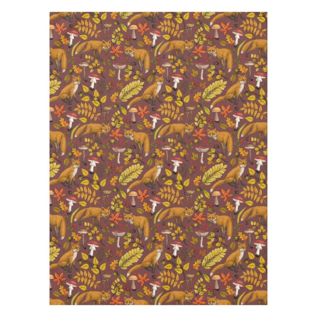 Autumn foxes on chocolate brown tablecloth (Front)