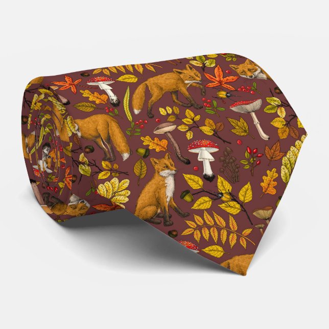 Autumn foxes on chocolate brown tie (Rolled)