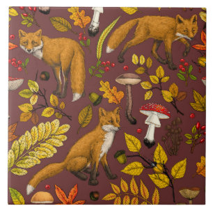 Autumn foxes on chocolate brown tile
