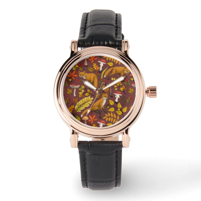 Autumn foxes on chocolate brown watch (Front)