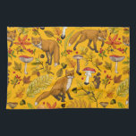Autumn foxes on orange tea towel<br><div class="desc">Hand-painted autumn woodland fauna and flora- foxes,  forest leaves,  mushrooms and berries</div>