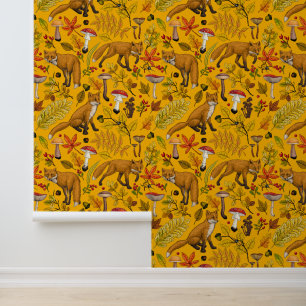 Autumn foxes on orange wallpaper