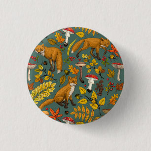 Autumn foxes on pine green 3 cm round badge