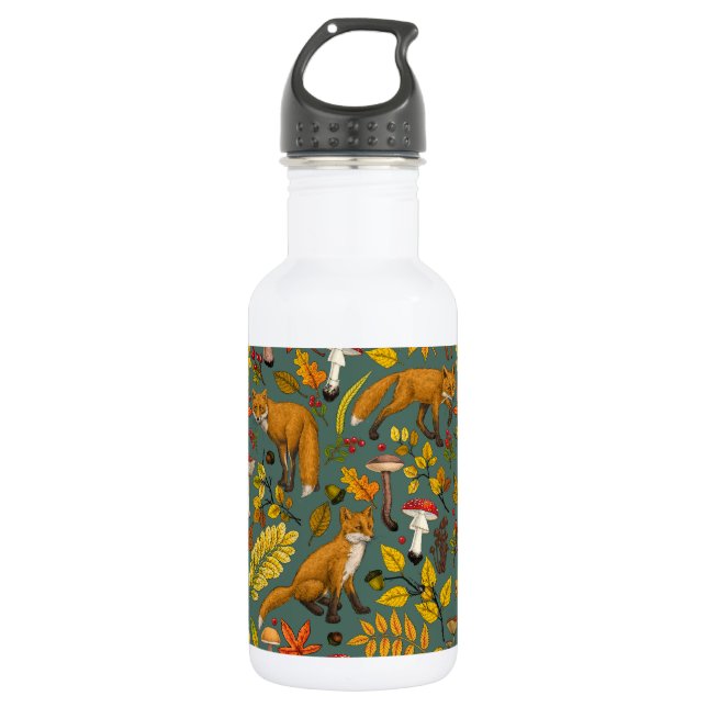 Autumn foxes on pine green 532 ml water bottle (Front)