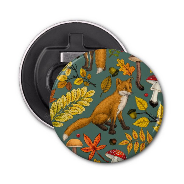 Autumn foxes on pine green bottle opener (Front)