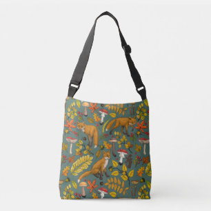 Autumn foxes on pine green crossbody bag