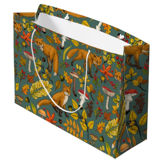Autumn foxes on pine green large gift bag (Back Angled)