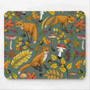 Autumn foxes on pine green mouse pad