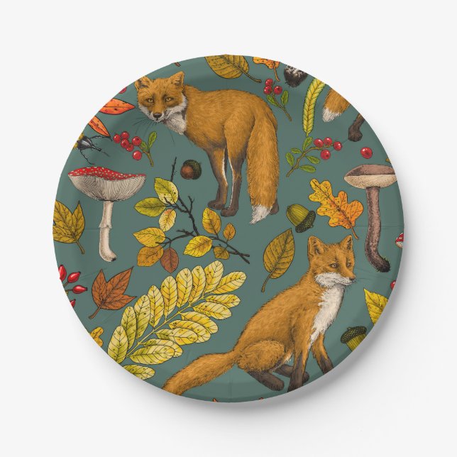 Autumn foxes on pine green paper plate (Front)