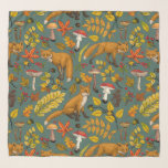 Autumn foxes on pine green scarf<br><div class="desc">Hand-painted autumn woodland fauna and flora- foxes, forest leaves, mushrooms and berries</div>