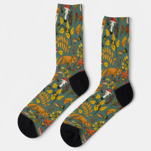 Autumn foxes on pine green socks