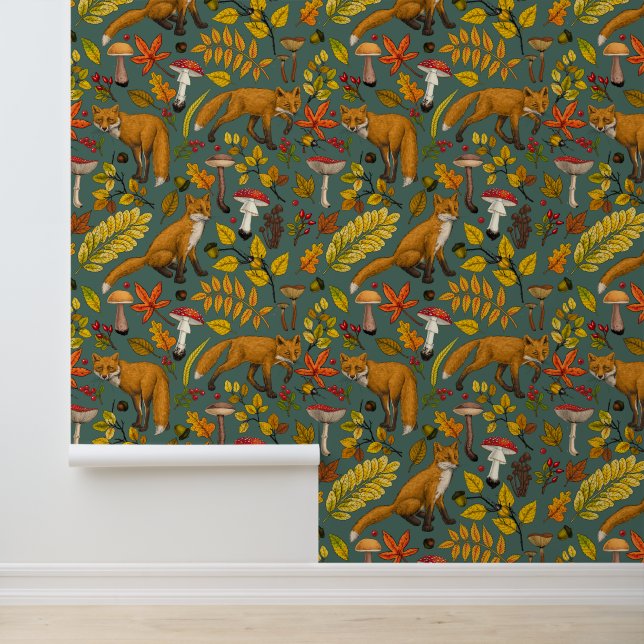 Autumn foxes on pine green wallpaper (Application)