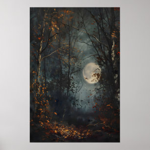 Autumn Full Moon Dark Forest Art Print, Dark Cotta Poster