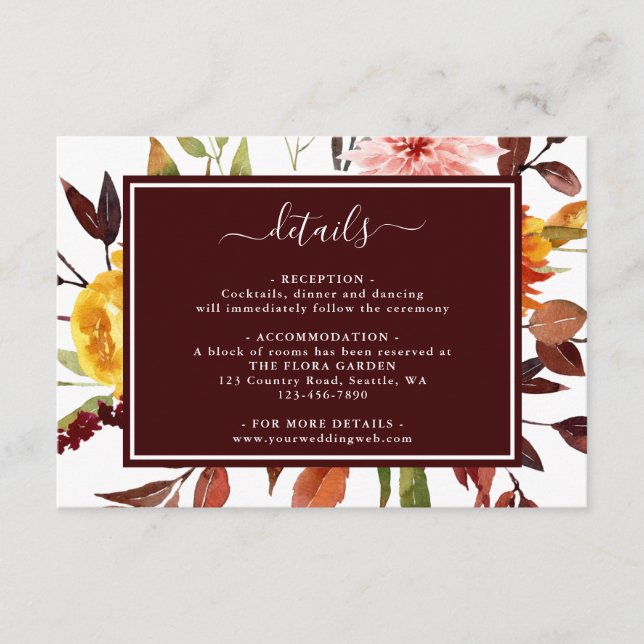 Autumn Garden Burgundy Watercolor Wedding Details Enclosure Card (Front)