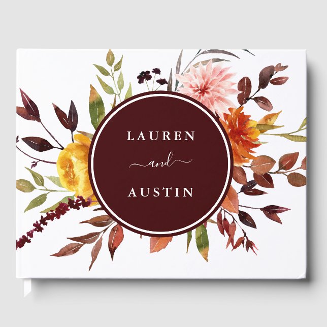 Autumn Garden Burgundy Watercolor Wedding Guest Book (Front)