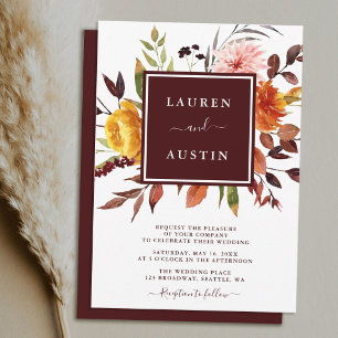 Autumn Garden Burgundy Watercolor Wedding Invitation